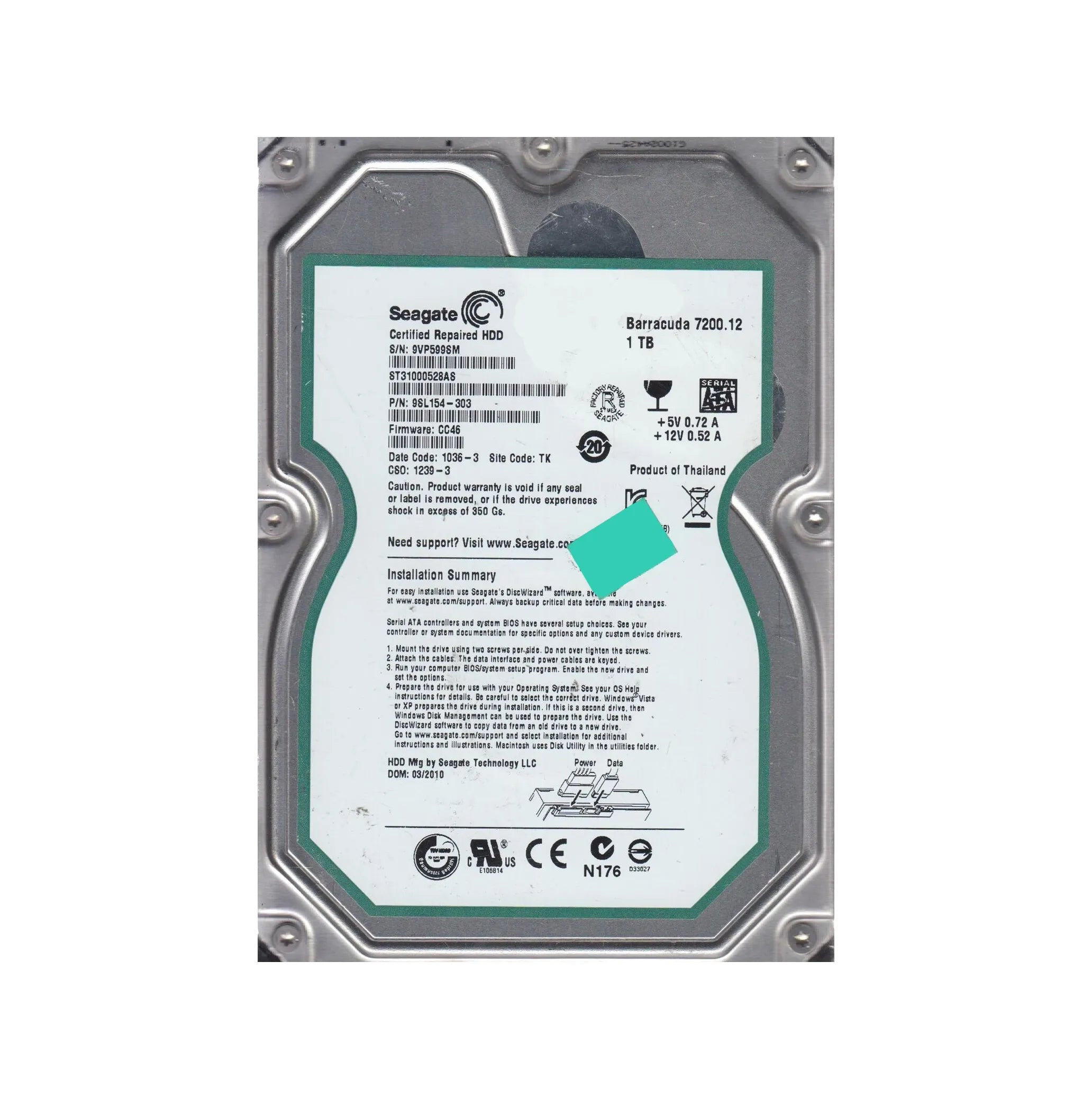 SEAGATE: 1TB 7.2K RPM SATA 3Gbps 3.5-inch Hard Drive (9SL154-303)